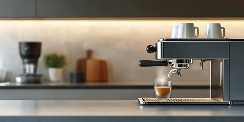 A modern espresso machine dispensing coffee into a small glass cup, with a clean neutral-toned kitchen background, minimalist interior style.