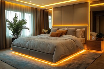 Modern Bedroom Featuring Illuminated Bed and Decor