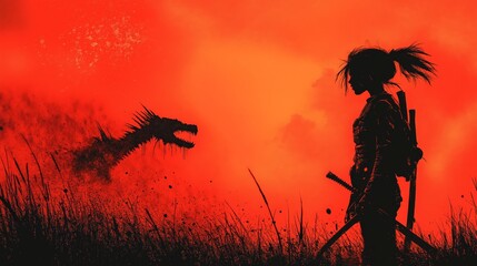 Fototapeta premium Epic showdown warrior faces dragon in fiery landscape concept art fantasy environment dramatic viewpoint