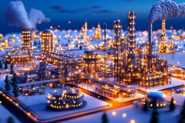  A sprawling oil refinery glows under the night sky. Generative AI