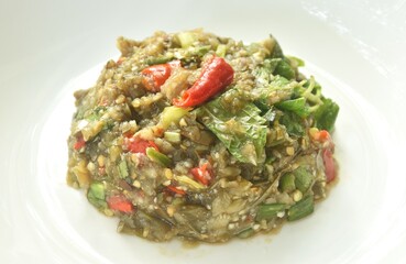 mashed spicy and sour eggplant salad Thai eastern style food on plate