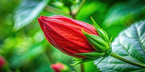 A vibrant red hibiscus bud bursts forth, its delicate petals poised against lush green leaves in a stunning macro shot.