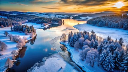 Breathtaking drone footage captures a frozen lake, snow-covered landscape, and icy river in a stunning winter wonderland.