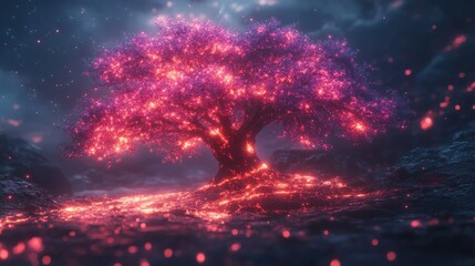 Obraz premium Glowing tree fantasy landscape, digital art, background