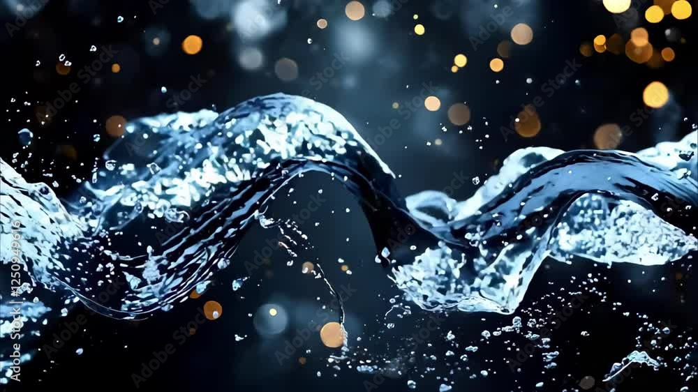 Poster a dynamic splash of water with a shimmering effect and blurred bokeh lights in the background, creat