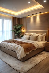 Modern Bedroom Interior Design with Warm Lighting and Neutral Tones