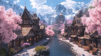 Spring mountain village river scenic fantasy game background