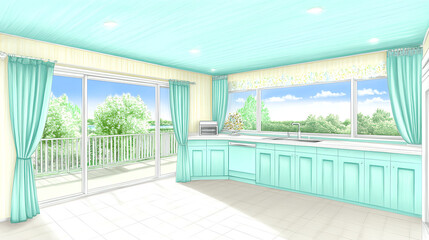 Fototapeta premium Sunny kitchen interior design modern home visual art bright environment spacious view aesthetic concepts for inspiration