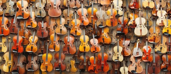 Wall of violins; musical instrument shop; background blurred; stock photo