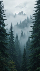 Fototapeta premium Low hanging fog enveloping layers of evergreen trees creates a moody and ethereal atmosphere in a tranquil mountain forest, enhancing the serene beauty of the landscape.