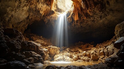 Cave Waterfall Sunlight Tropical Exploration Adventure