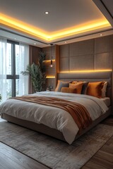 Modern Bedroom Design Featuring Warm Lighting and Textures