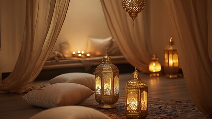 A chic Ramadan podium featuring soft fabrics, elegant golden lanterns, and warm ambient light
