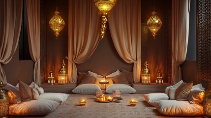 Obraz premium A chic Ramadan podium featuring soft fabrics, elegant golden lanterns, and warm ambient light