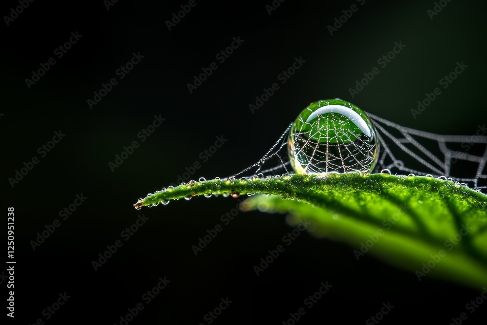 Aufkleber dewdrop rests on a leaf, showcasing intricate spider web patterns in nature's delicate design