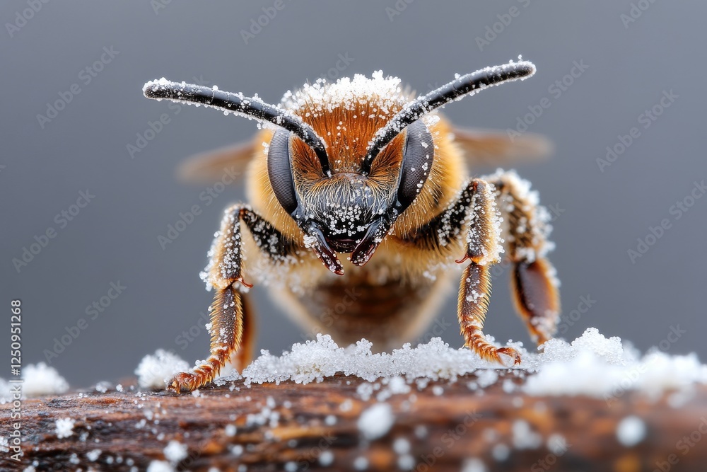 Aufkleber close-up view of a bee covered in tiny droplets of sugar sitting on a wooden branch in a studio sett