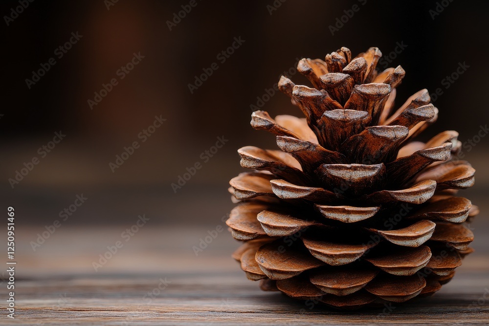Poster detailed close-up of a pine cone resting on a wooden surface in a soft light setting