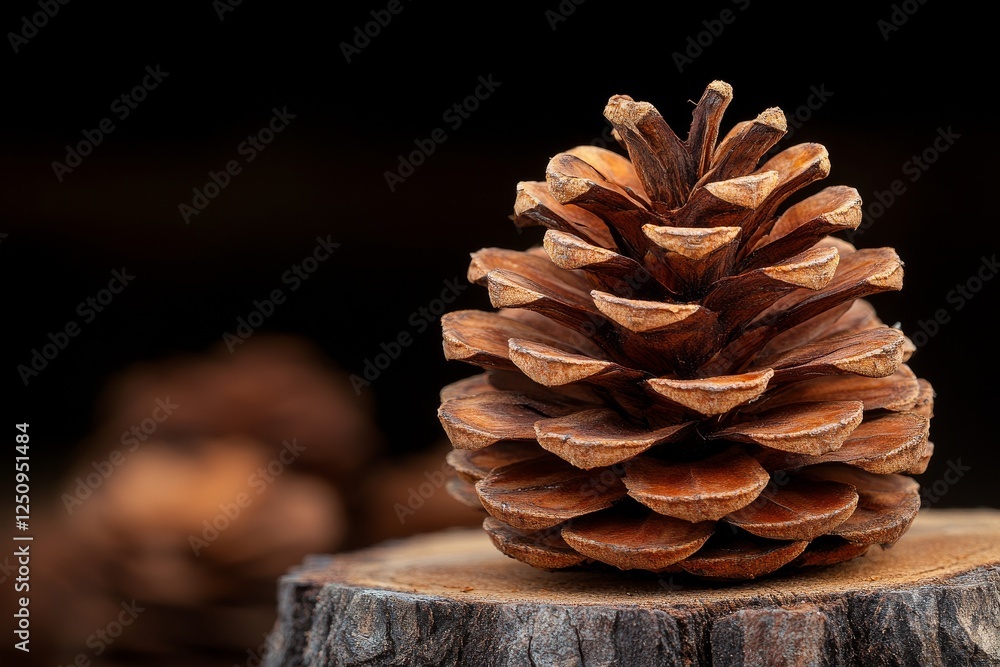 Poster beautiful pine cone resting on wooden log with dark background highlighting its texture and details