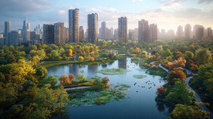 Urban park aerial sunrise; autumn foliage, city skyline backdrop; real estate development