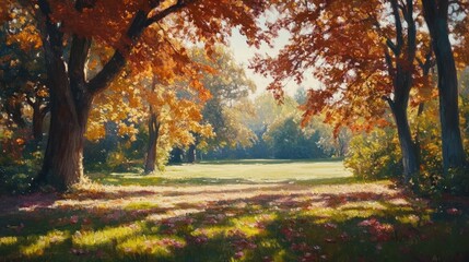Naklejka premium Autumn park, sunlit meadow, fall foliage, idyllic scene, nature background, for calendar
