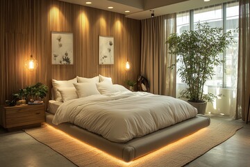 Serene Minimalist Bedroom With Wooden Accents And Ambient Lighting