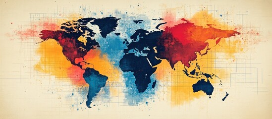Obraz premium Watercolor World Map, Global Network, Background Grid, Connectivity
