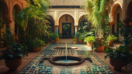 Sunlit Spanish Courtyard Fountain, Lush Plants, Moorish Architecture, Peaceful Oasis, Travel Brochure