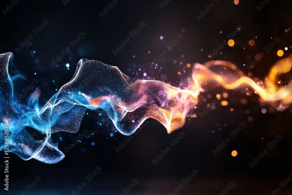 Poster vibrant abstract wave with glowing blue and orange elements creating a dynamic visual effect in dark