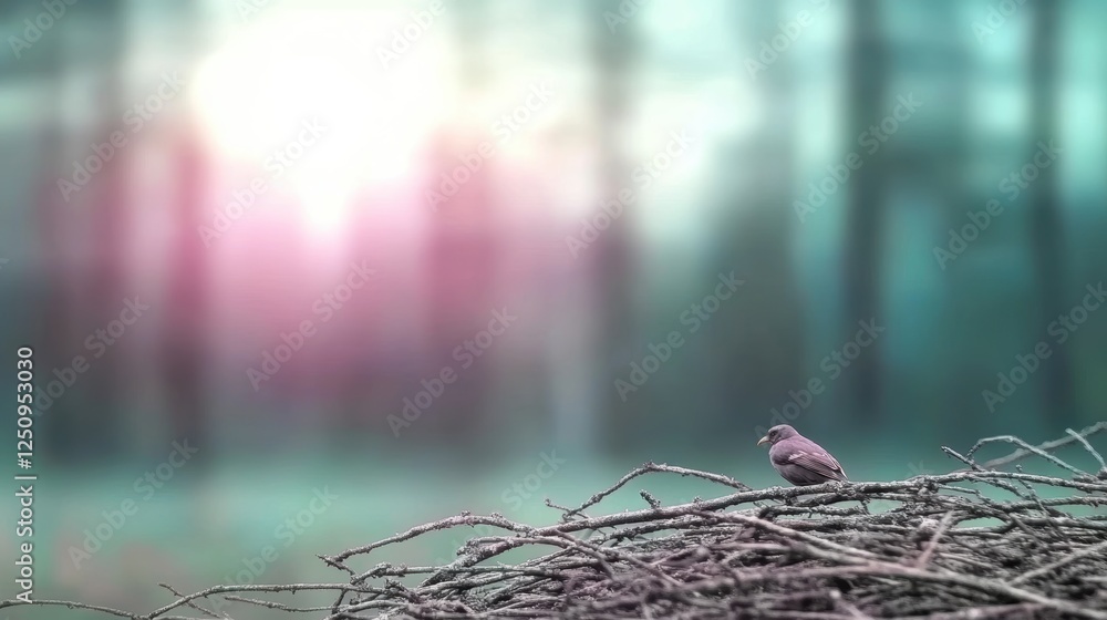 Poster a serene bird perched on a nest in a tranquil forest setting.