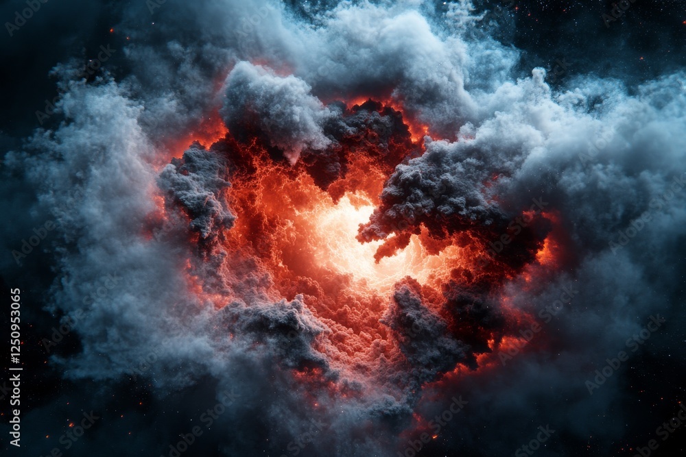 Poster dynamic cosmic explosion surrounded by dark clouds in outer space