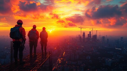 Fototapeta premium Workers Sunset Cityscape Construction Success