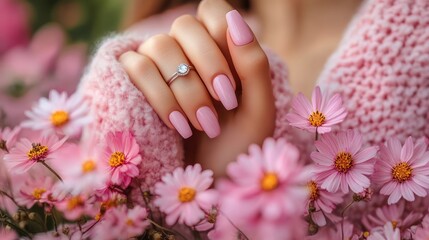 Fototapeta premium Woman's hand with pink nails and ring surrounded by pink flowers.