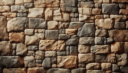 Fototapeta premium A wall of uneven stone blocks in varying brown and gray hues. The stones are fitted together with no visible mortar. Perfect for backgrounds or textures.