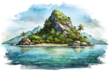 Tropical island landscape, serene watercolors, lush greenery, peaceful scenery, nature illustration, travel inspiration. © Valeriia