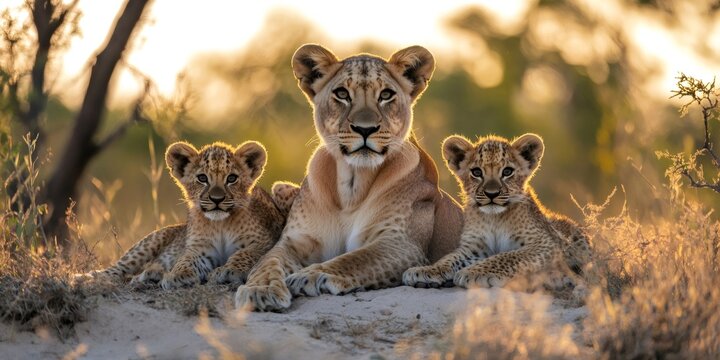 Majestic lioness resting with her two cubs