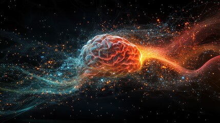 Glowing brain energy cosmic space, neural network, abstract art, website header