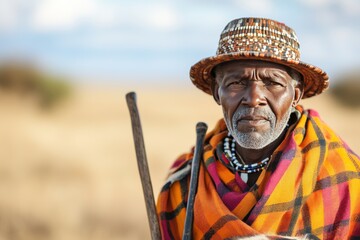 Obraz premium Elderly man in traditional attire stands proudly in a vast savanna landscape under a bright sky during golden hour