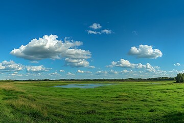 Obraz premium Lush Green Meadow with Tranquil Water and a Blue Sky