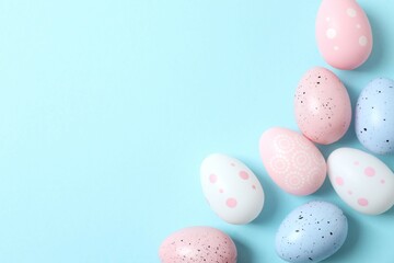 Happy Easter. Colorful eggs on a pastel blue background, space for text or advertising