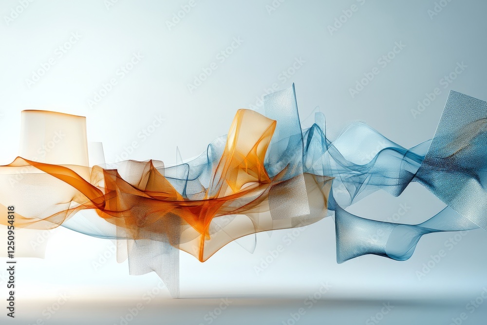 Poster colorful flowing fabric waves create an abstract art display in a soft, light-filled space