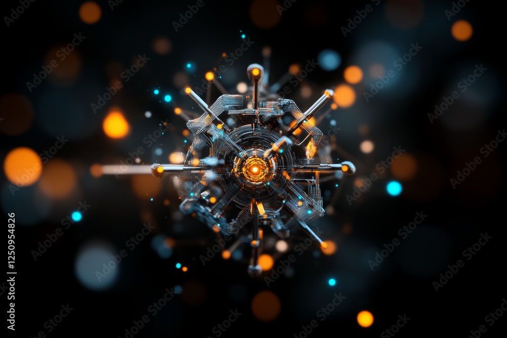 Poster futuristic representation of a particle with glowing effects and abstract background