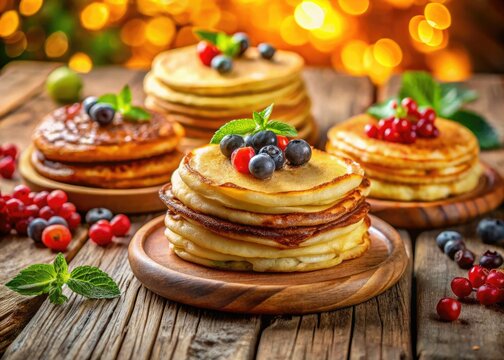 Fluffy blini, cheesy syniki, and crispy oladyi & pyshki: a delicious Russian pancake bokeh photography feast.