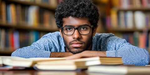 Exhausted Student Resting on Books, Overwhelmed By Studying In College Library, Vivid Colors
