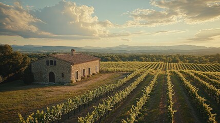 Obraz premium Sunset vineyard farmhouse aerial view, rural landscape, wine production