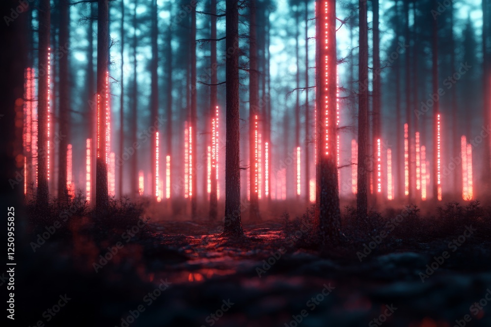 Poster enchanted forest with glowing red lights illuminating the trees at dusk, creating a mystical atmosph