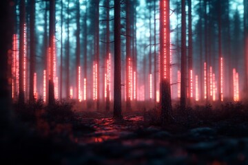 Enchanted forest with glowing red lights illuminating the trees at dusk, creating a mystical atmosphere