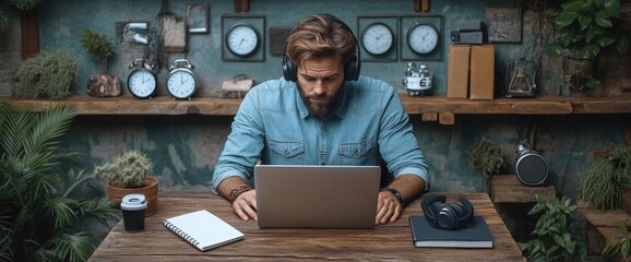 Man Working On Laptop In Rustic Office Interior