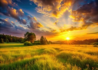 Obraz premium Golden sunset bathes a serene meadow, warm tones painting a peaceful nature scene.