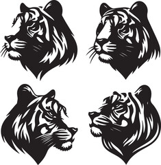 set of Bengal Tiger face poses,Bengal tiger face silhouette, Bengal tiger head vector, black and white tiger face, tiger face poses set, tiger head illustration
