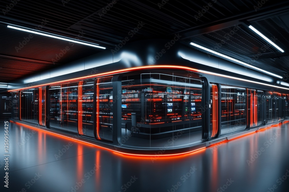 Poster futuristic server room with neon lights and sleek design showing advanced technology in a modern dat